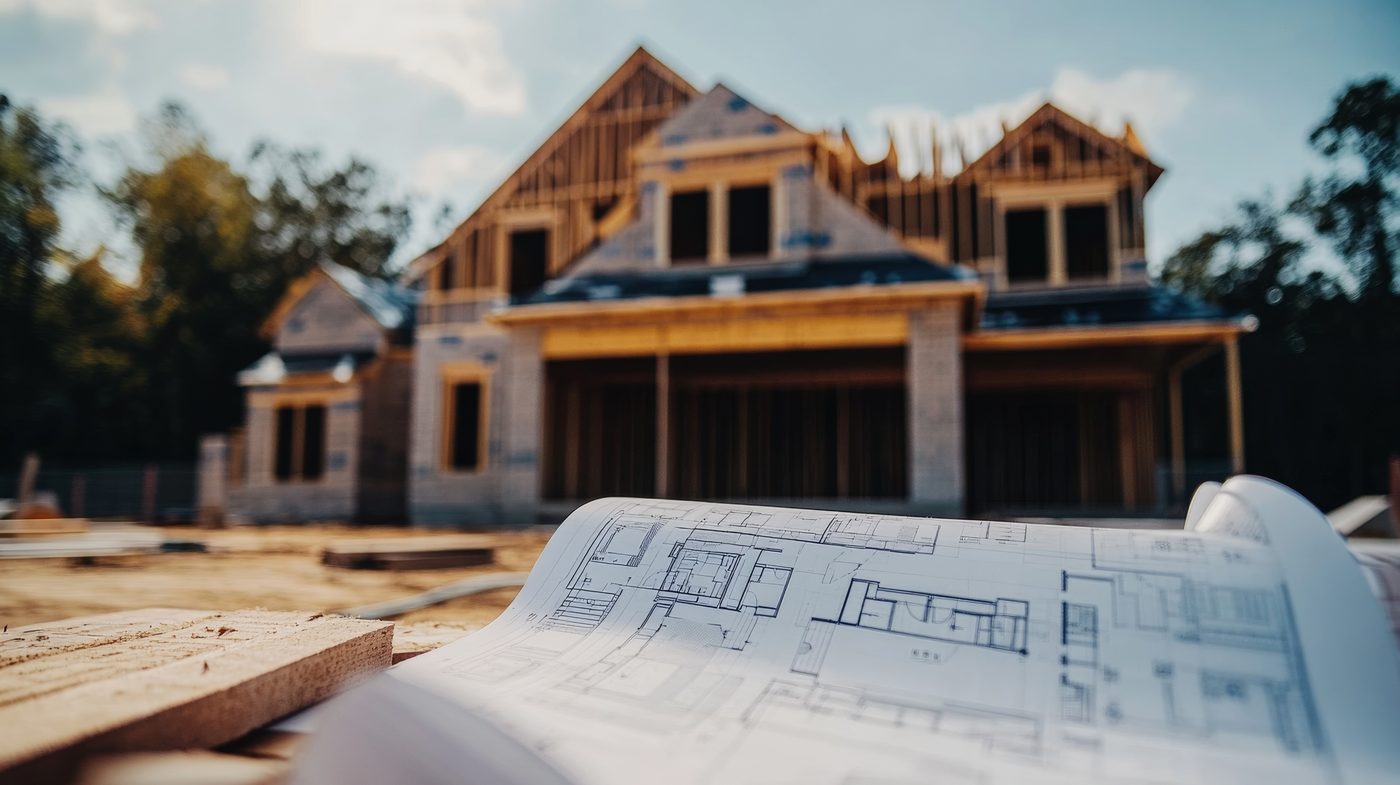 House plans laid out in front of a home under construction, a reminder of ADU permit corrections