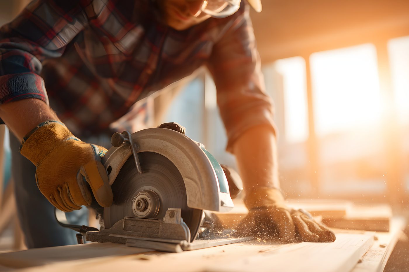 Backyard construction disruptions and saw work Worker cutting a sheet of plywood with a circular saw