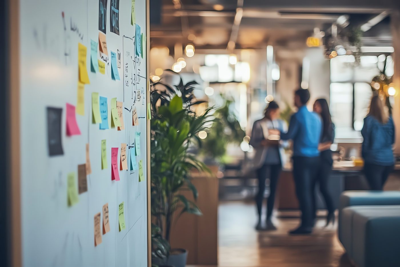 Colorful sticky notes arranged on an office wall for planning