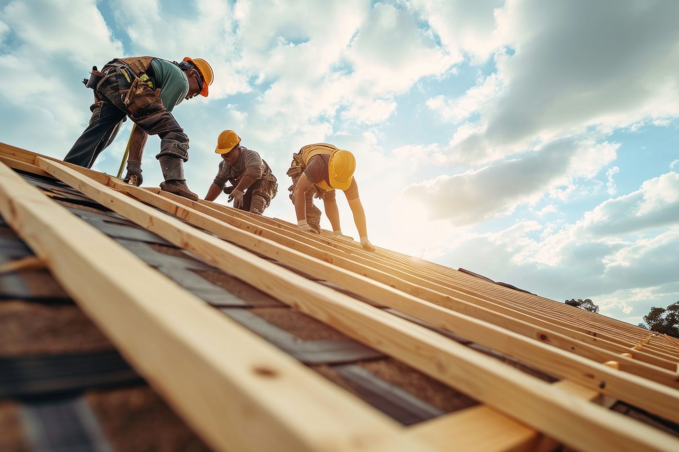 Roofers installing boards on new rafters under a bright sky, one of the DADU construction stages before the walls close
