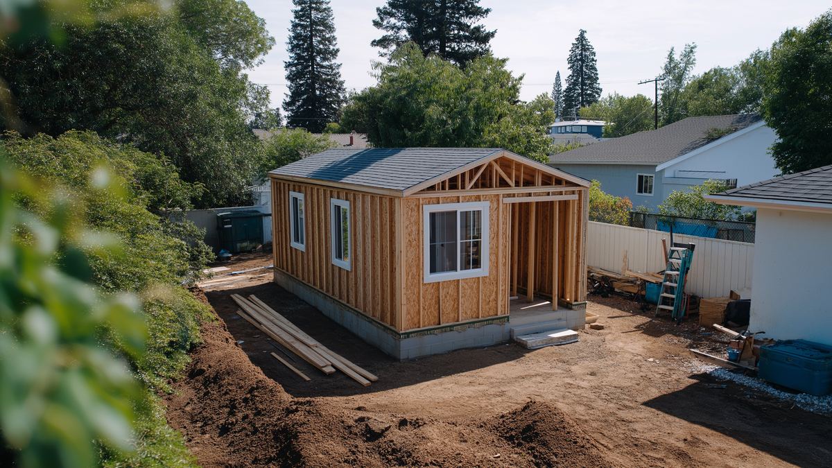 Backyard cottage framing on a new foundation in a Seattle area yard, showing site work that drives DADU cost factors