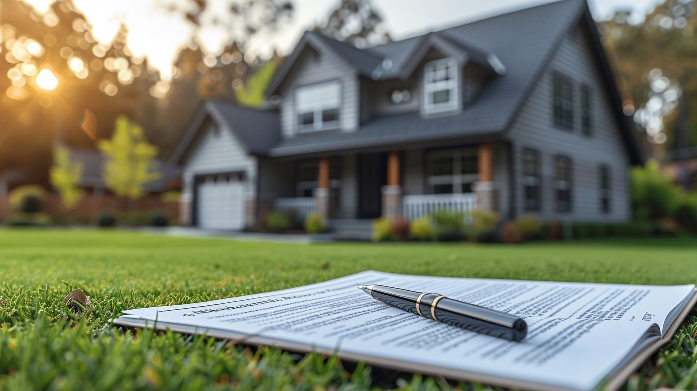 Property document and pen on a front lawn with a house behind, a reminder to review DADU easement restrictions