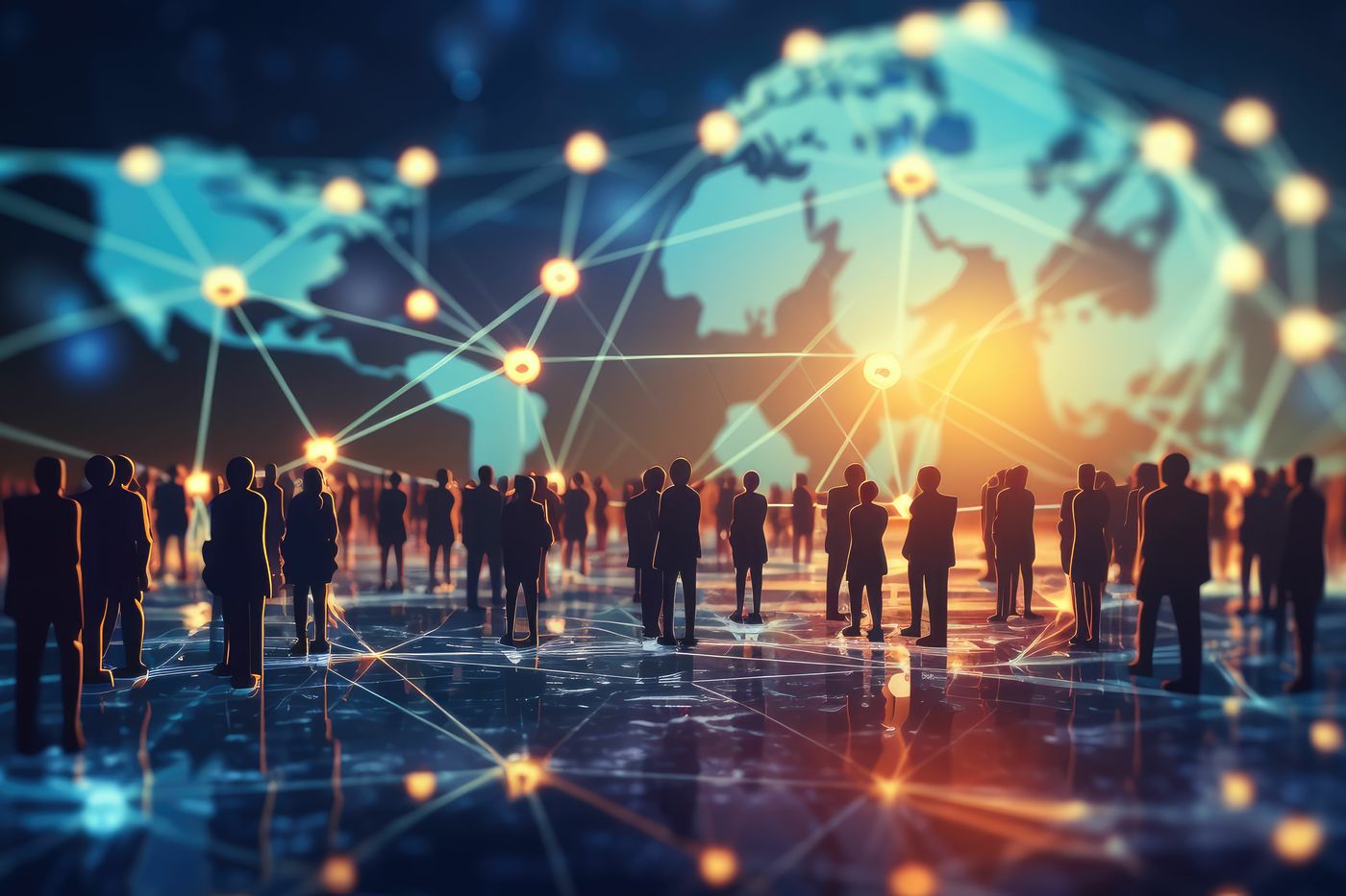 Glowing network map over a crowd, a symbol of the connections that DADU internet wiring brings to a backyard cottage