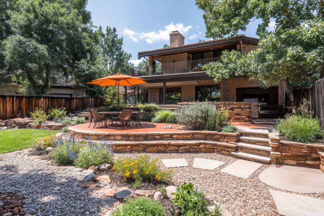 Backyard patio with stone retaining walls and mature plantings, the kind of yard DADU landscape protection aims to keep