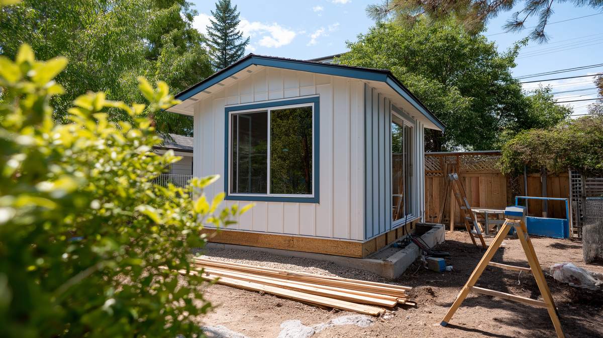 New backyard cottage under construction beside fences and trees, the kind of site a DADU lot eligibility review studies