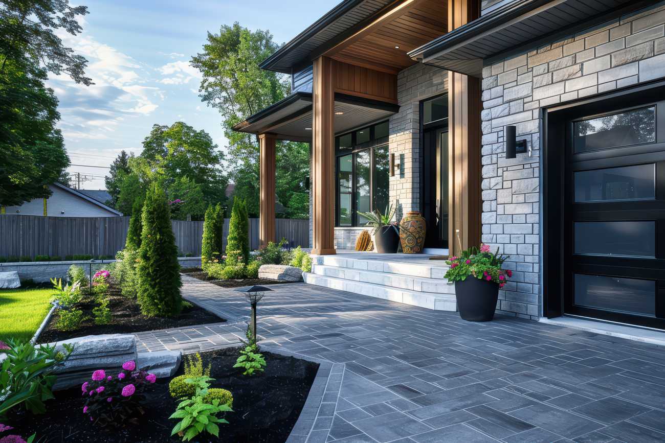 Stone paver path and planting beds beside a covered entry on a modern home