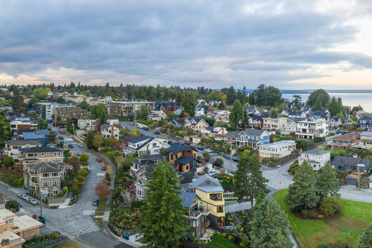 Aerial view of a Seattle neighborhood with closely spaced homes and yards