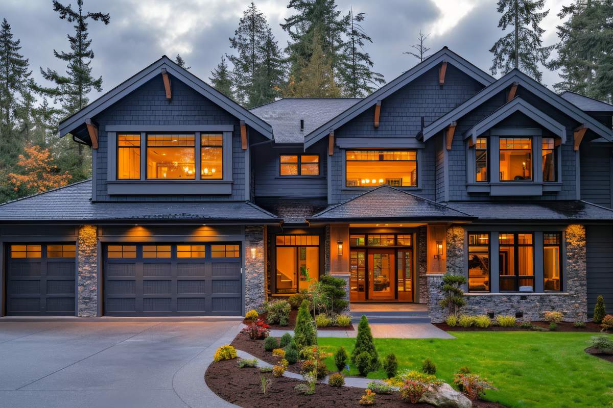 Dark gray home with steep gables, lit windows and tall evergreens behind it, showing how DADU roof design shapes a house