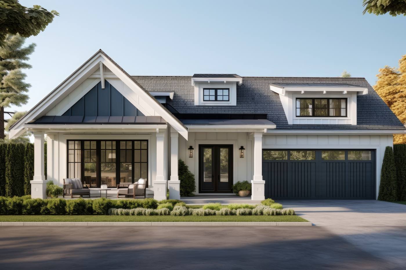 White farmhouse with board and batten siding, dark trim and a gabled roof, a look many DADU siding materials can create