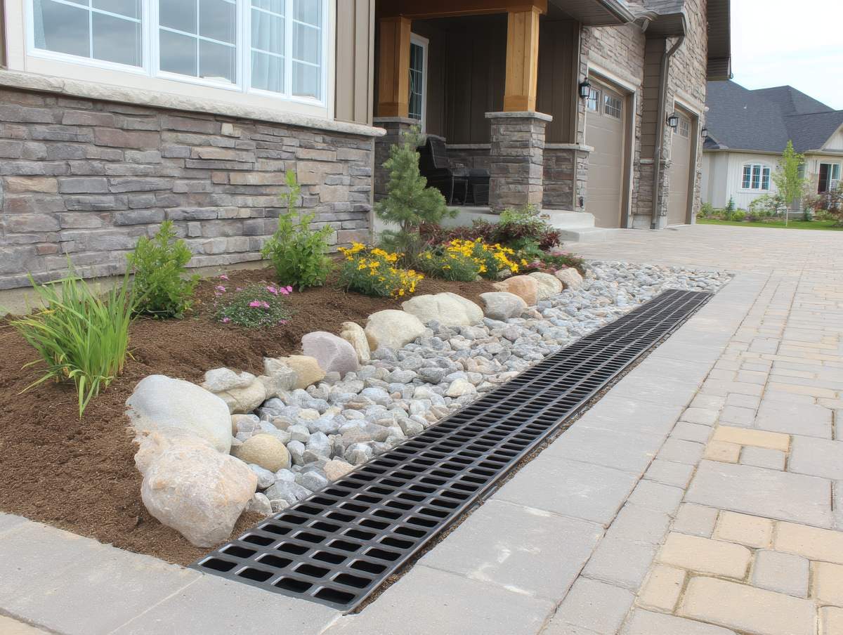 DADU site drainage channel beside a path Channel drain grate beside a paver path and rock bed, one small part of DADU site drainage in a yard