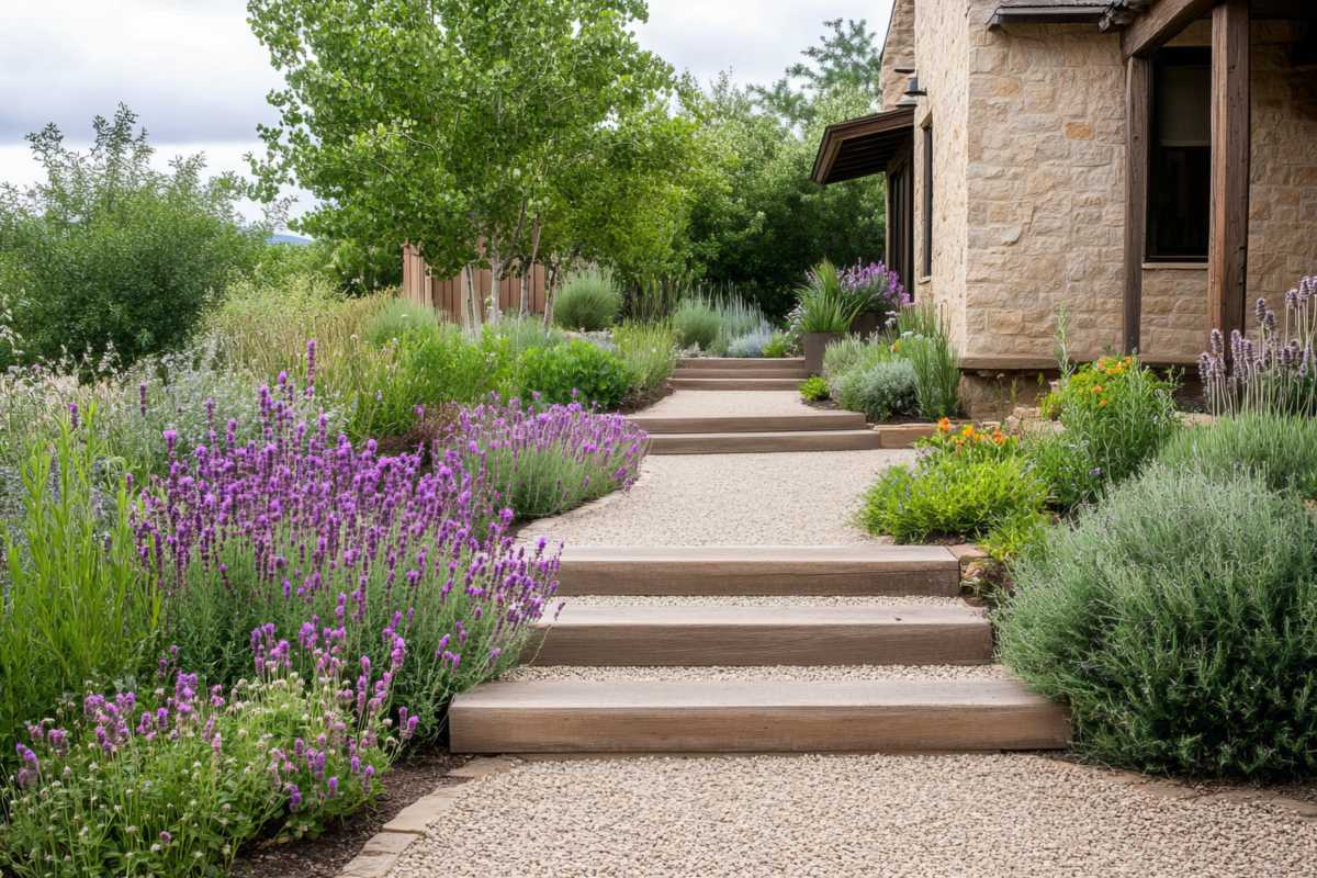Gravel garden path and steps lined with lavender and planted beds, soft areas that DADU stormwater management can use