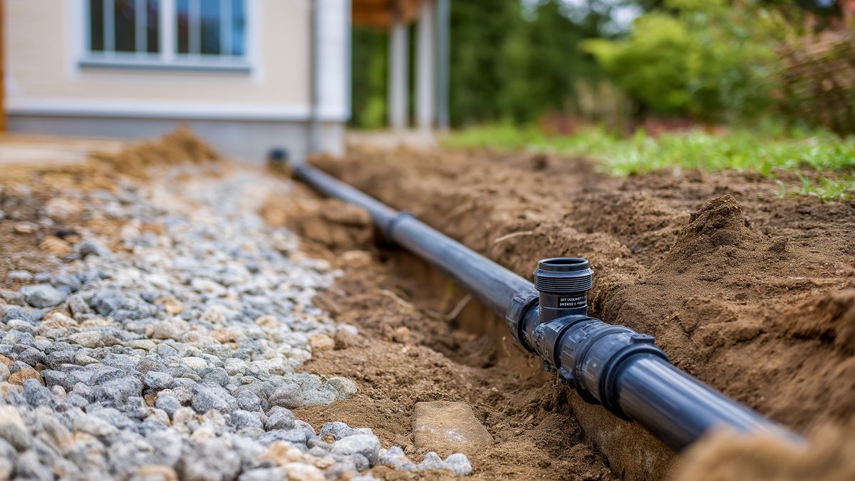 Pipe laid in an open trench beside gravel near a house, showing the kind of work behind DADU utility expenses