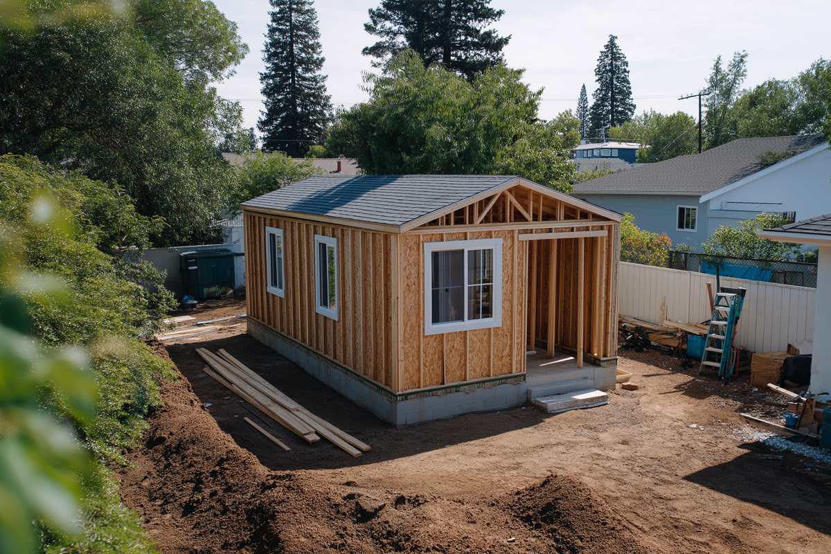 Small cottage under construction on a freshly graded lot, the kind of project a modular DADU comparison weighs