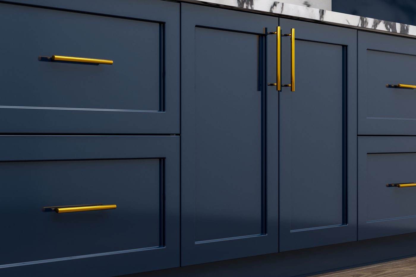 rental-dadu-durability Navy blue cabinet doors and drawers with brass pulls, a sturdy finish choice that supports rental DADU durability