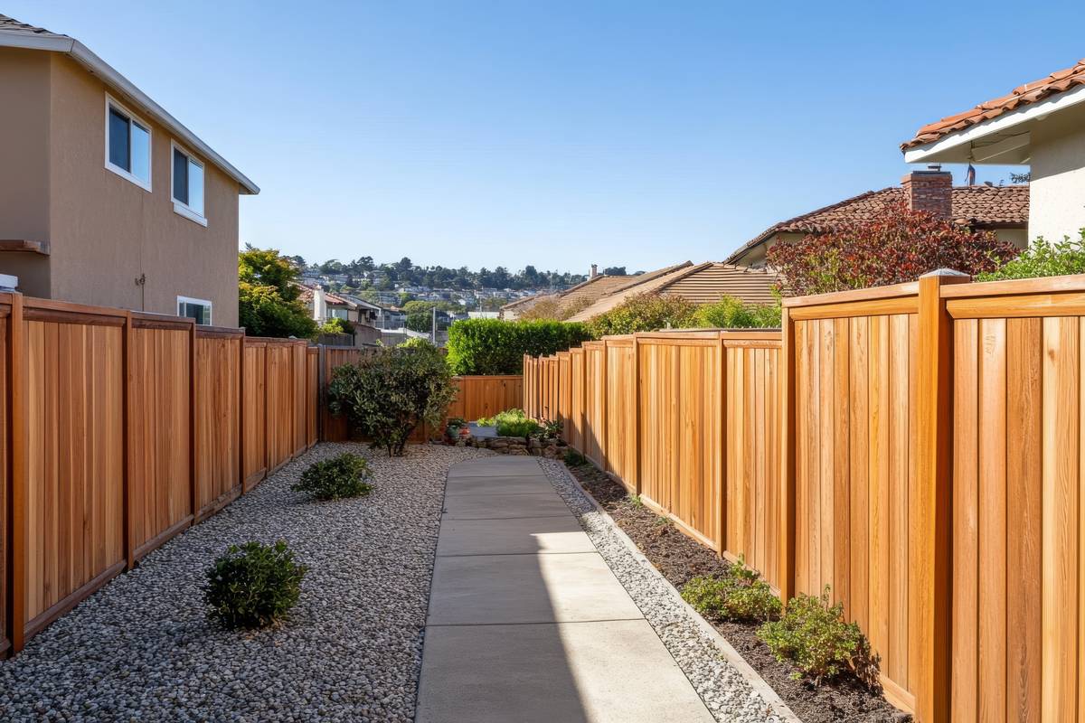 Narrow side yard path between wood fences and neighboring homes, showing the space Seattle ADU setbacks protect