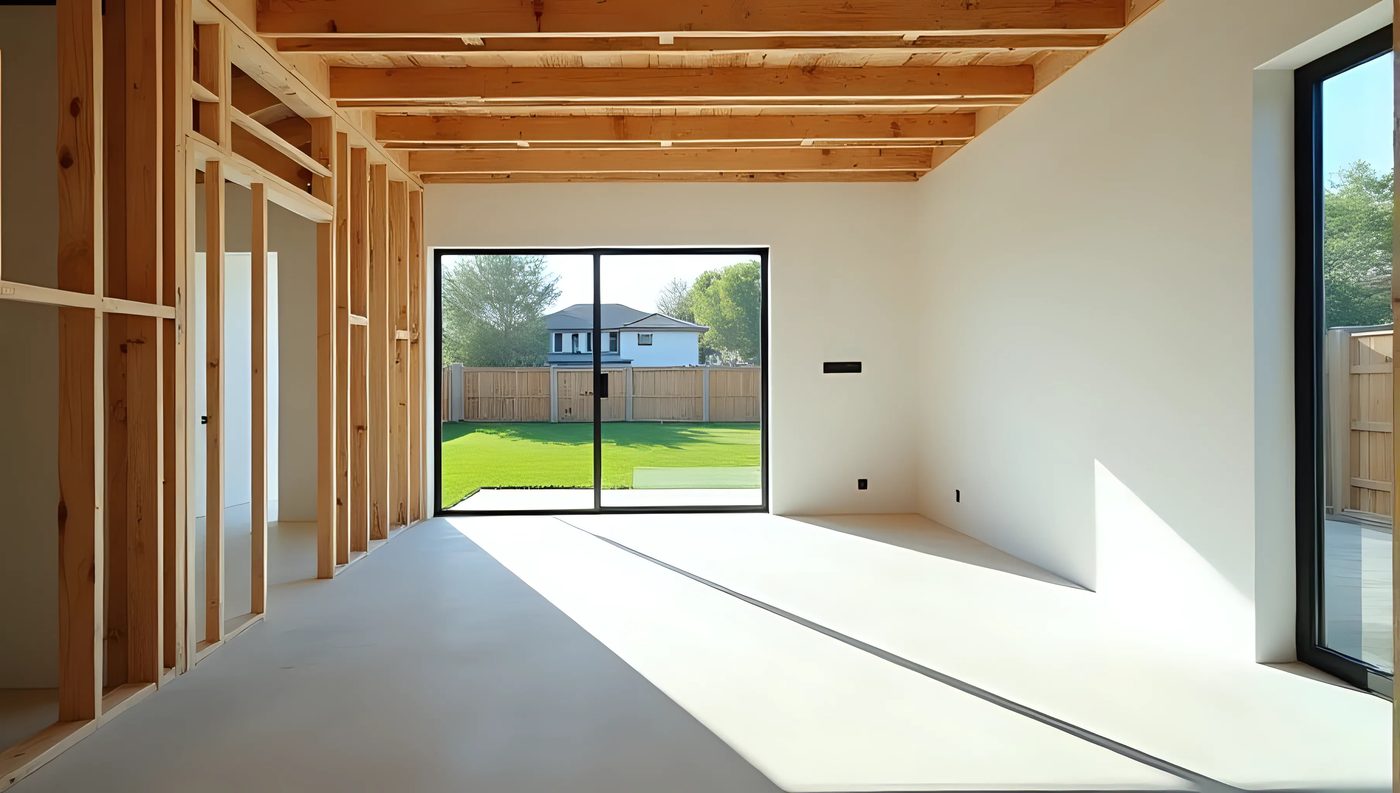 Unfinished open interior with framed walls and a sliding glass door, space to plan within Seattle ADU size limits