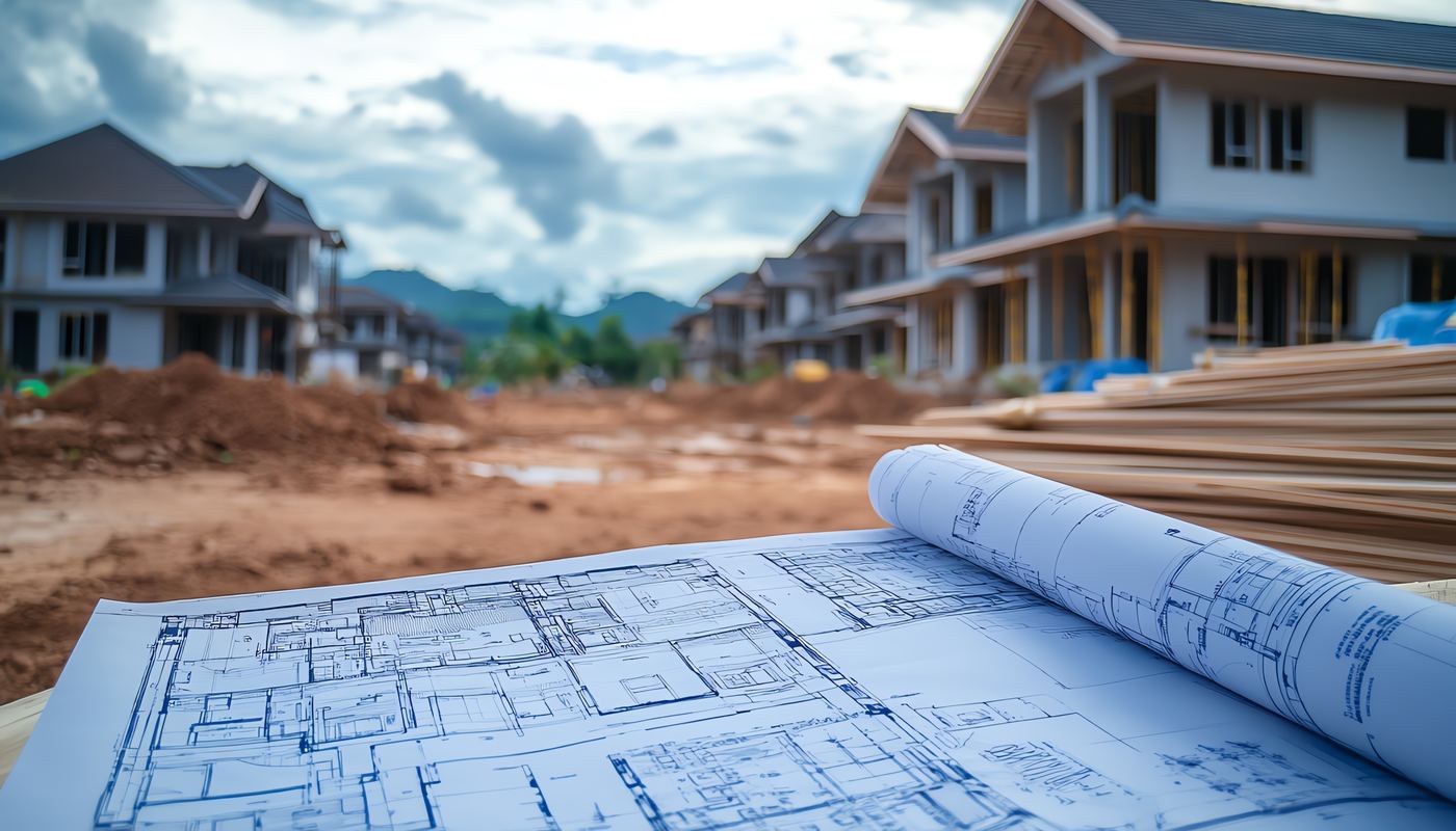 Rolled blueprints at a residential building site, like the drawings checked in a Seattle DADU review