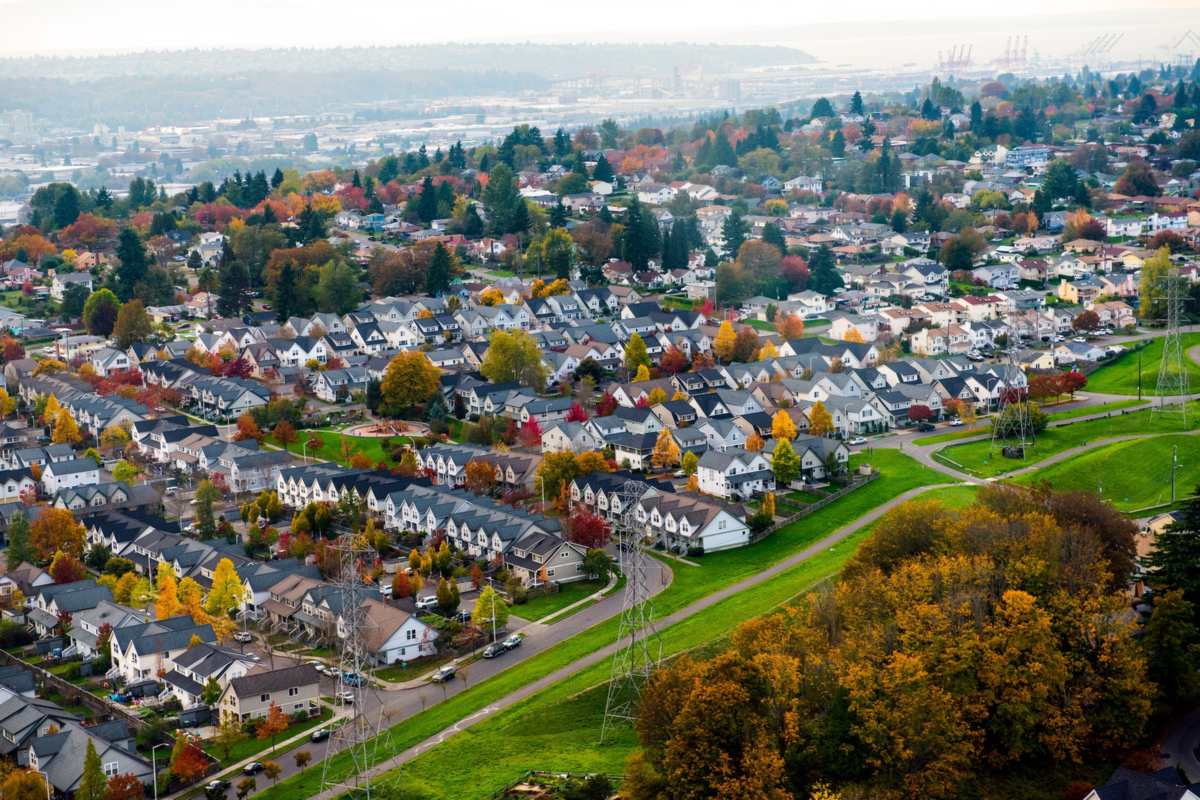 Aerial view of a Seattle neighborhood in autumn under gray skies