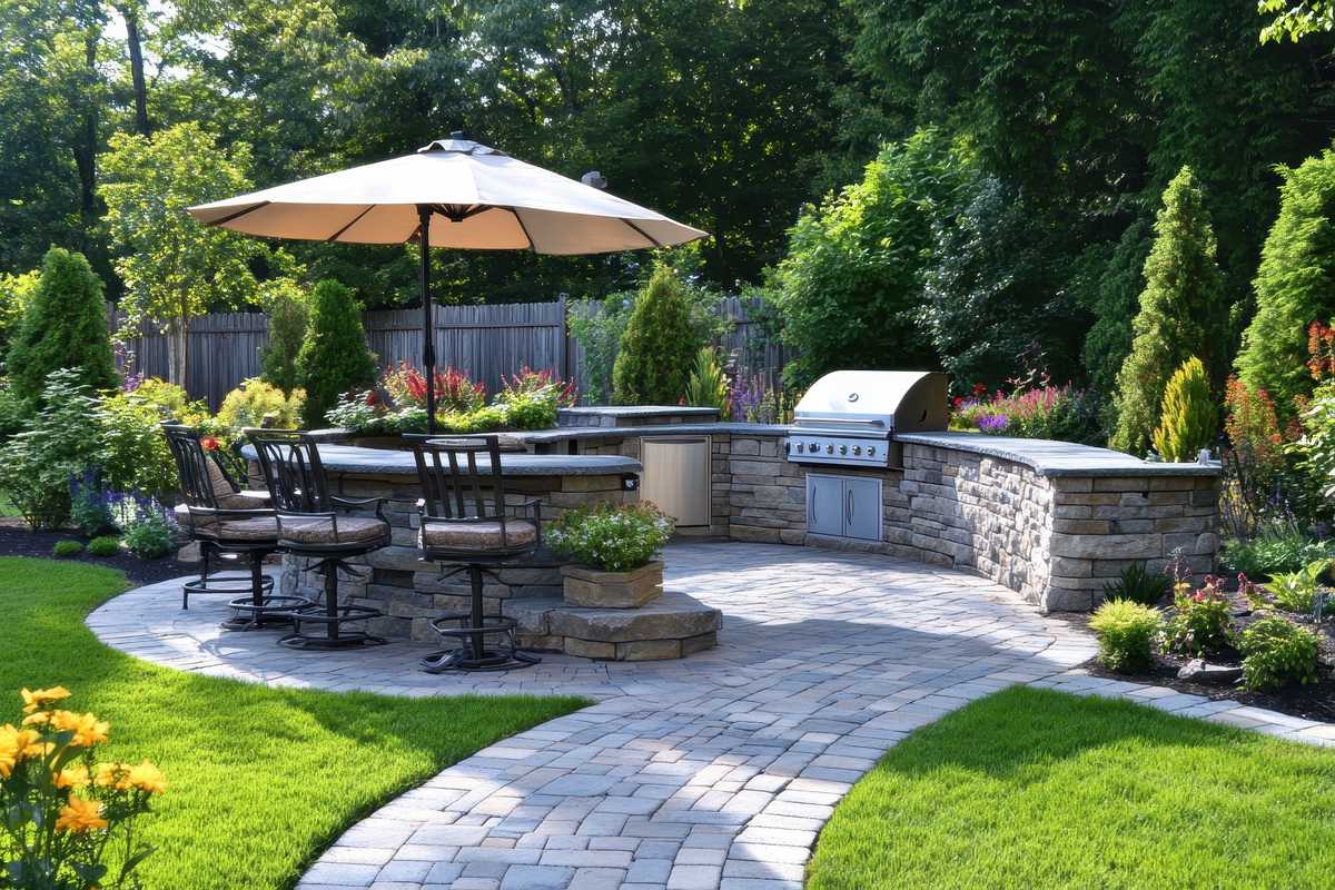 Backyard paver patio with dining set, umbrella and outdoor kitchen beside lawn, features to weigh for Seattle lot coverage