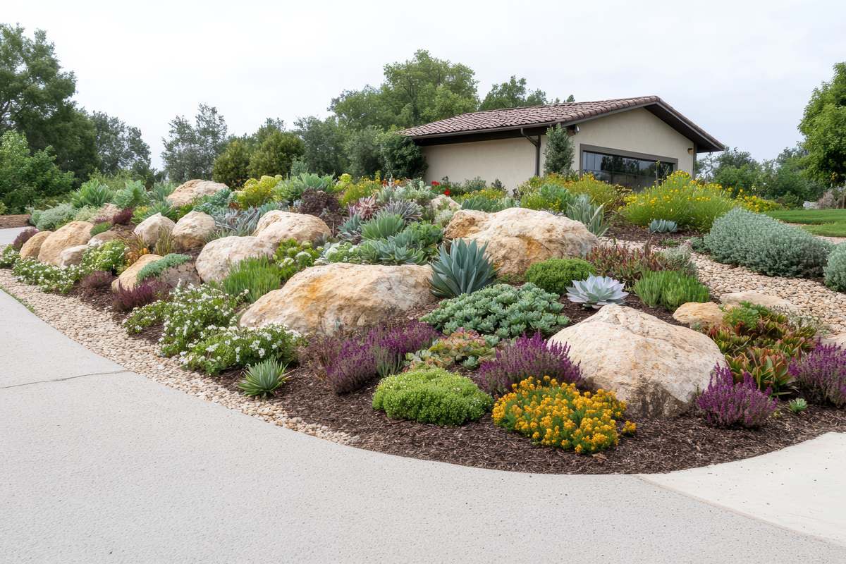 Seattle tiny home rules for a compact single story home Small single story building with a tile roof behind a rock garden, a compact home of the kind Seattle tiny home rules cover