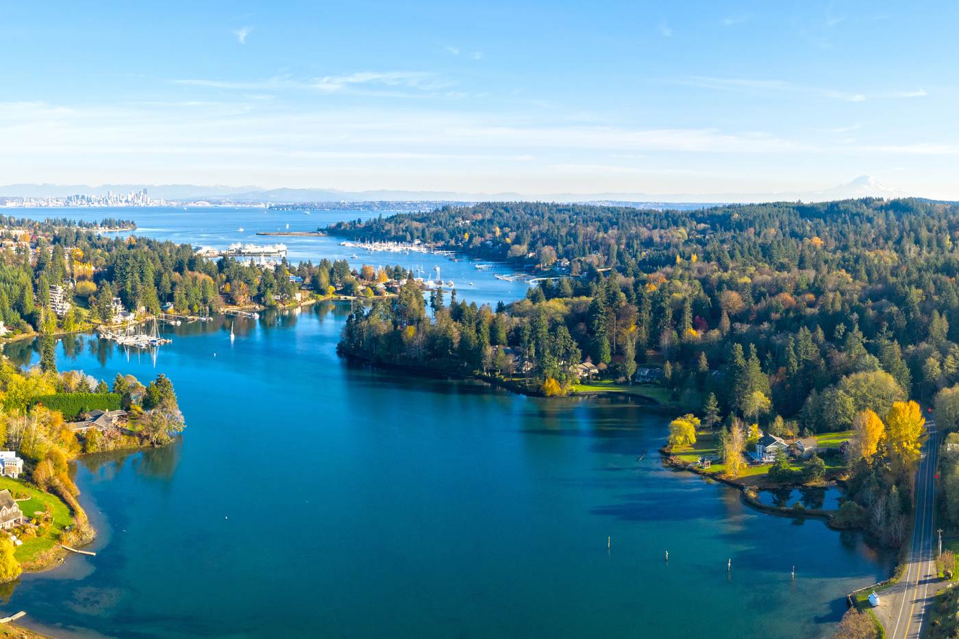 Aerial view of evergreen forest, homes and calm water in the Puget Sound region, a setting for Shoreline ADU regulations