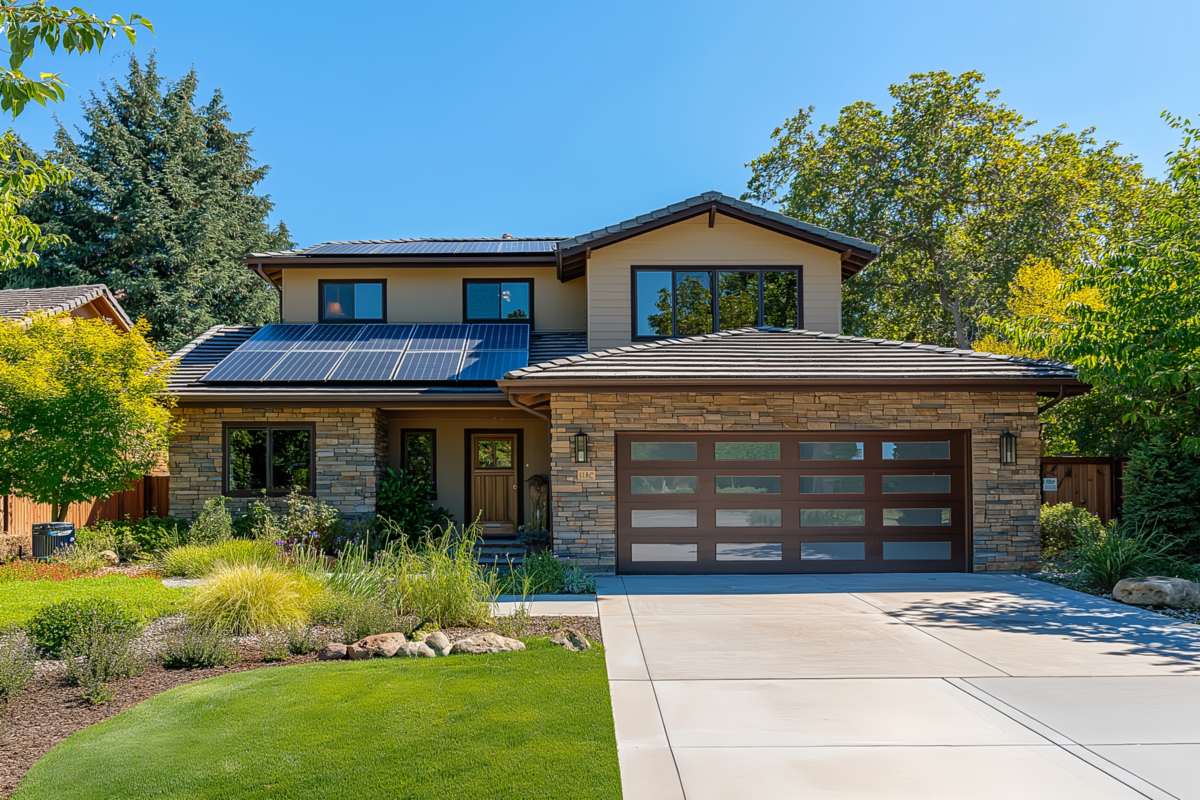 Low modern one level house with a wide garage and lawn, an example of a single story DADU style footprint