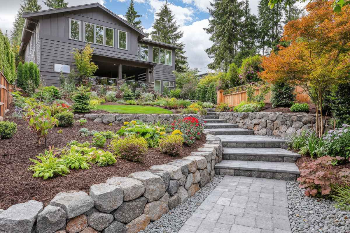 Stepped stone retaining walls and stairs climbing a planted slope, the kind of grade a sloped lot DADU must handle