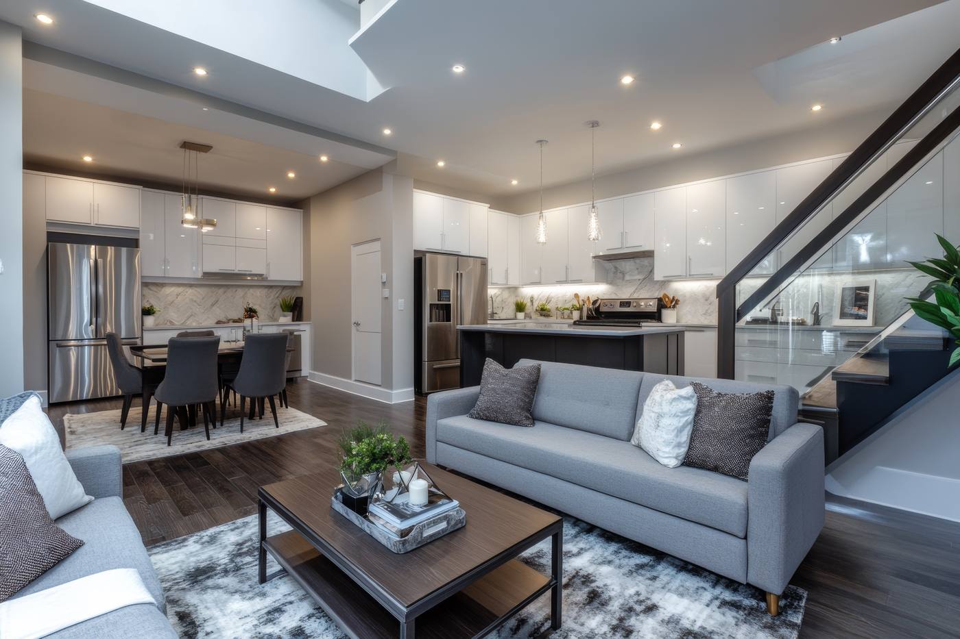 Compact open living room flowing into a kitchen, an example of how a small DADU layout shares space