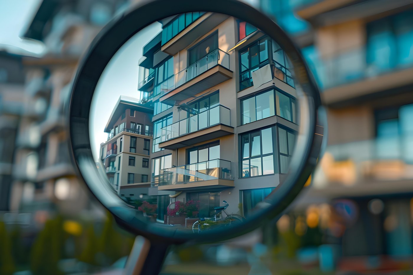 Magnifying glass over a modern residential building, a symbol of careful Washington contractor verification